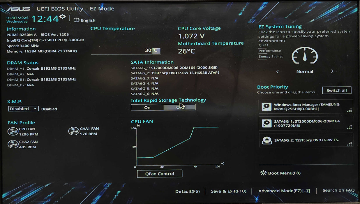 Custom PC, PRIME B250M-A, i5-7500 3.40GHz, 16GB DDR4, 256GB NVMe, 2TB HDD