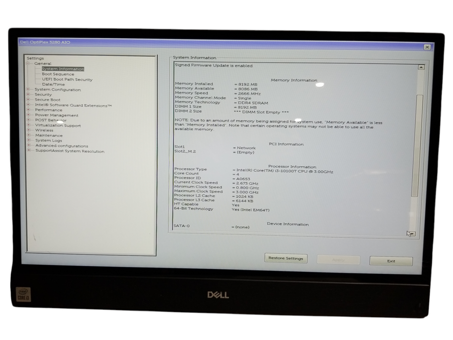 Dell OptiPlex 3280 AiO Touch Intel i3-10100T CPU 8GB RAM No HDD