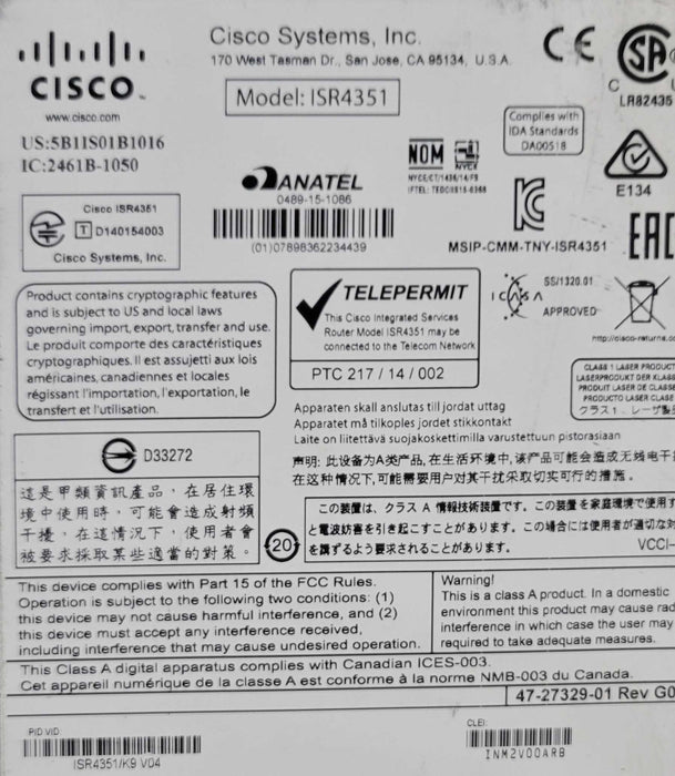 CISCO ISR4351/K9 3-PORT Gigabit INTEGRATED ROUTER **NOT AFFECTED** _