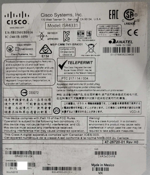 Cisco 4300 Series ISR4331/K9 ISR 4331 Services Router, READ _