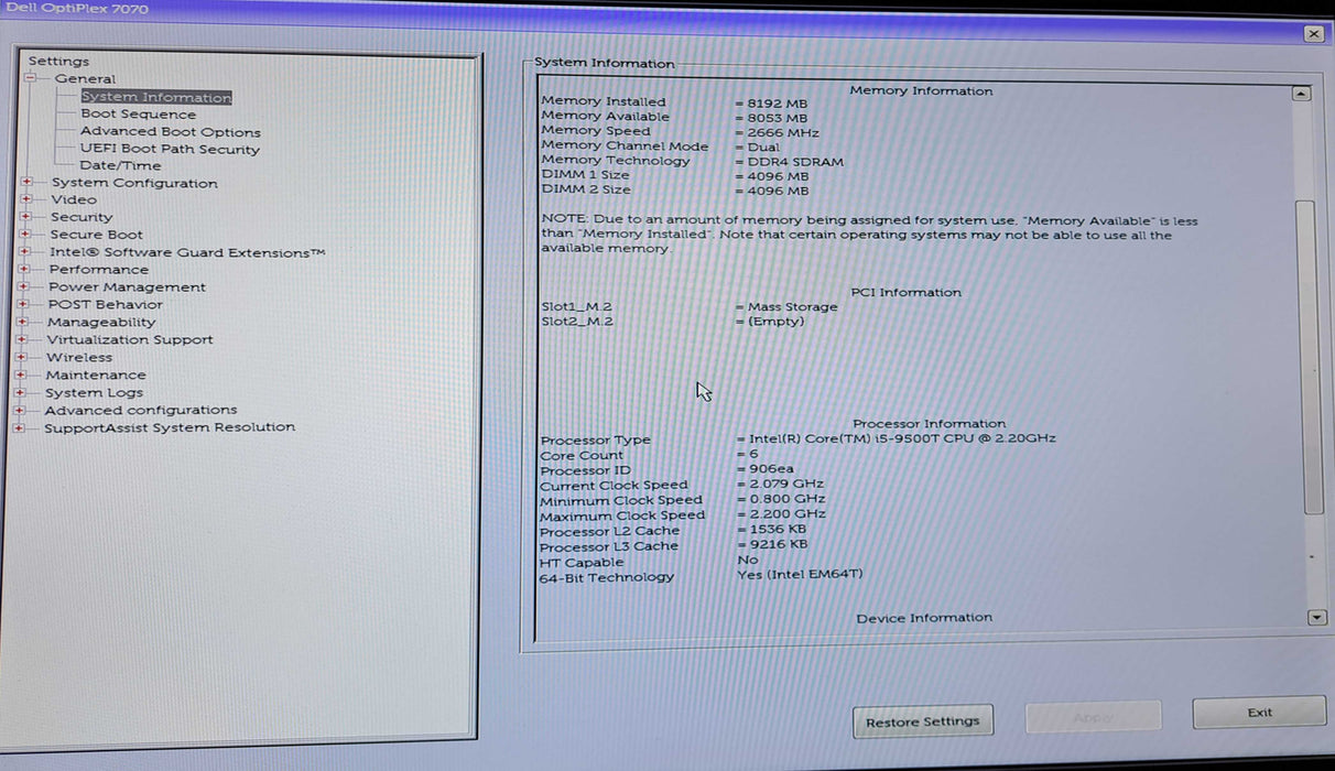 Dell OptiPlex 7070 USFF | Intel Core i5-9500 @2.20GHz, 8GB DDR4, 256GB NVMe )