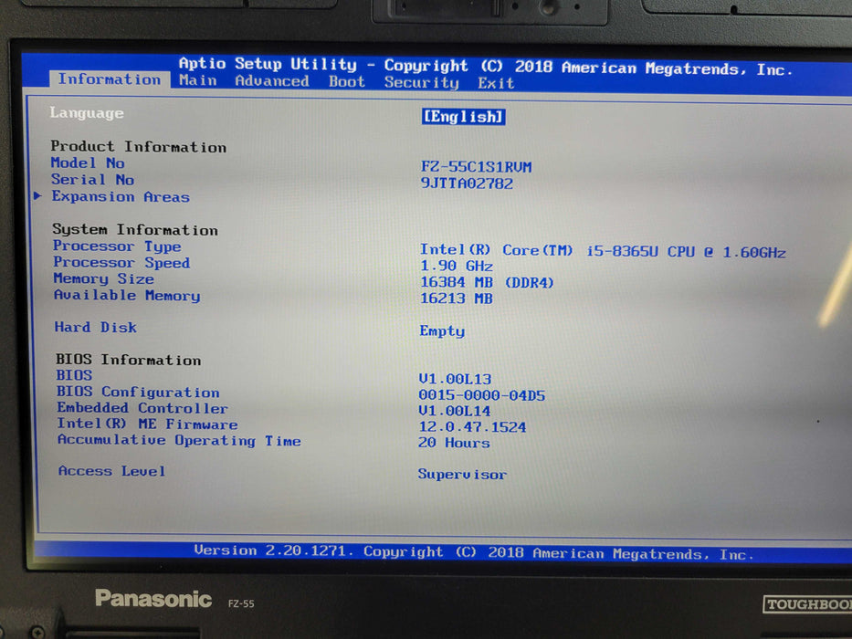 Panasonic FZ-55 ToughBook - Core i5-8365U 16GB DDR4 NO HDD (20HRS) % Lap200