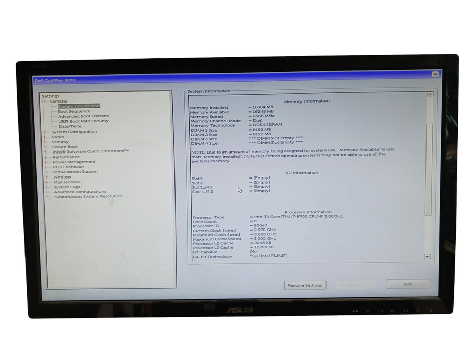 Dell Optiplex 5070 SFF PC Intel i7-9700 @3.0Ghz 16GB DDR4 No HDD