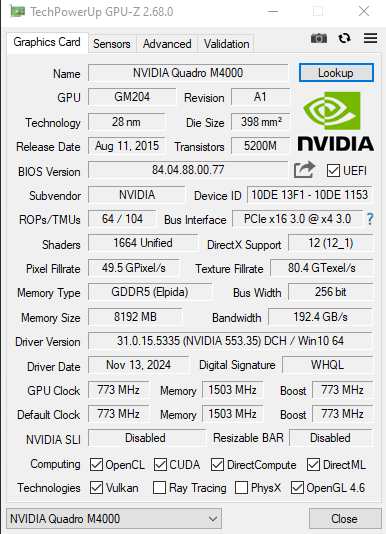 NVIDIA Quadro M4000 8GB GDDR5 Graphics Card - 4xDP