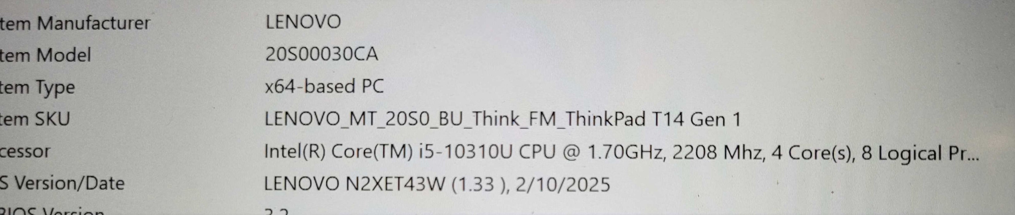 Lenovo ThinkPad T14 Gen1, Core I5-10310u 1.70GHz 8GB RAM 256GB SSD _ Lap200