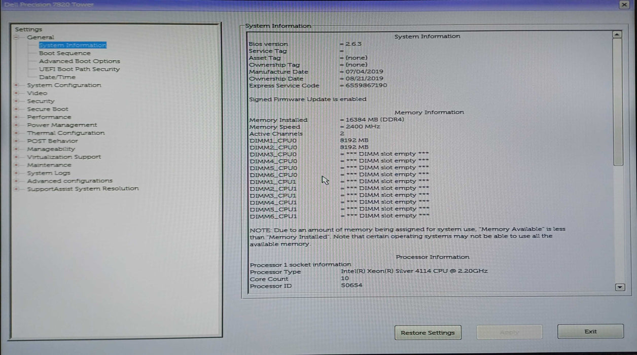 Dell Precision 7820, Xeon Silver 4114 2.20GHz, 16GB DDR4, K620, 950W PSU