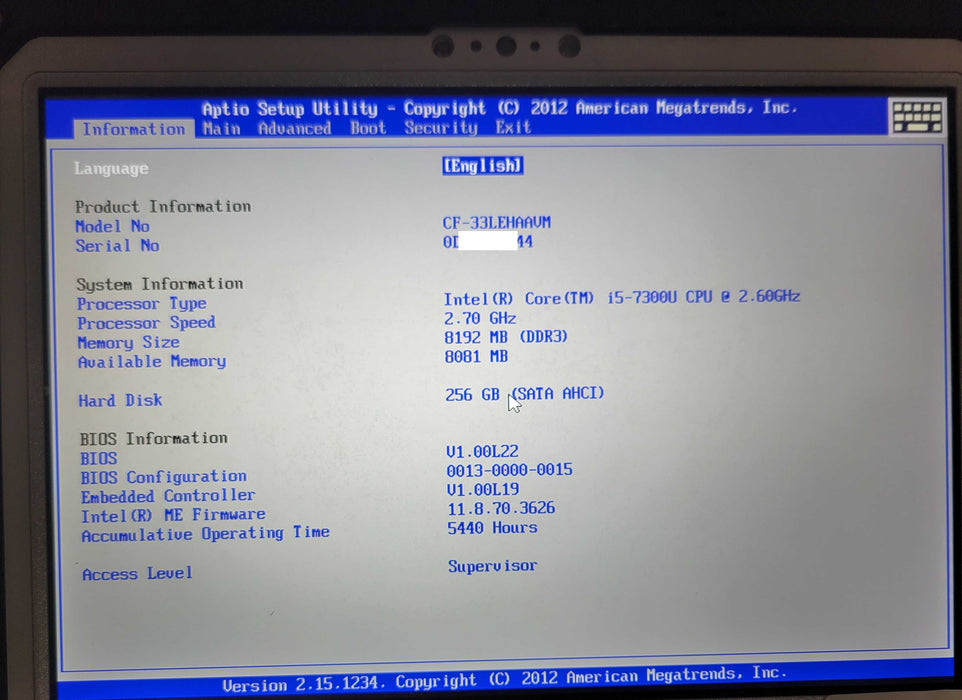 Panasonic ToughBook CF-33 TOUCH i5-7300U 8GB RAM 256GB SSD 5440Hrs Q_ Lap200