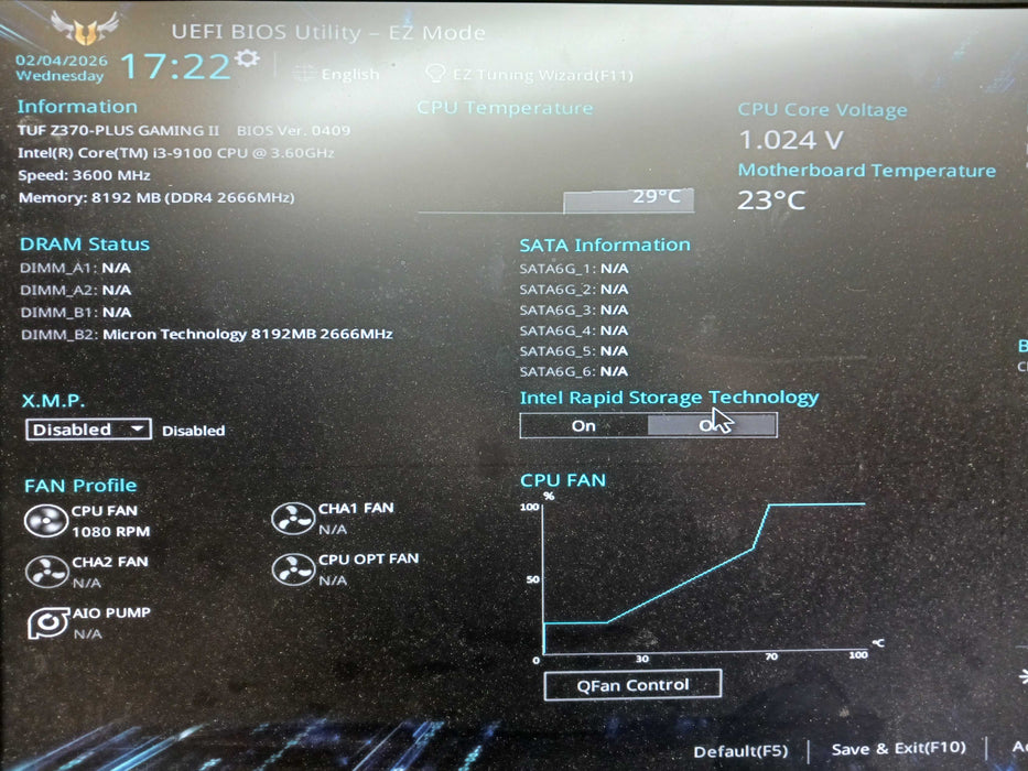 Asus TUF Z370-Plus Gaming Motherboard & Intel i3-9100 CPU 8GB DDR4 READ