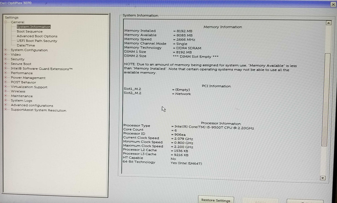 Dell Optiplex 3070 USFF, i5-9500T CPU 2.20GHz, 8GB RAM - No HDD- Read Q