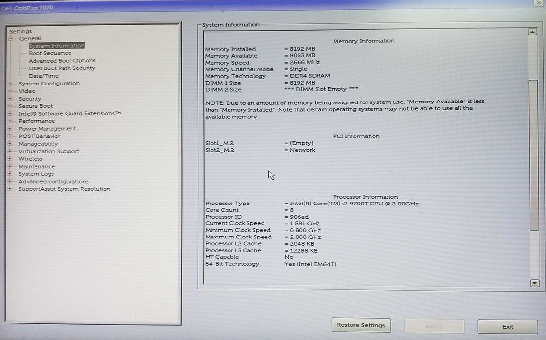 Dell OptiPlex 7070 Micro Intel i7-9700T CPU 2.00GHz 8GB RAM No HDD Wifi
