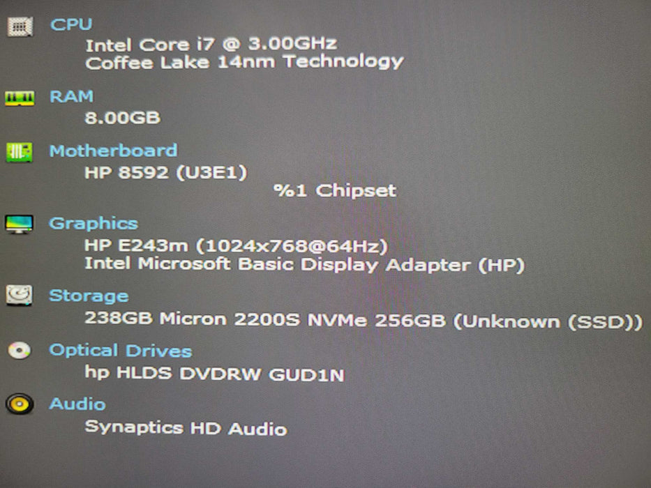 HP EliteDesk 800 G5 SFF, Core i7- 9700 3.00GHz, 8GB DDR4, 256GB Nvme Q_