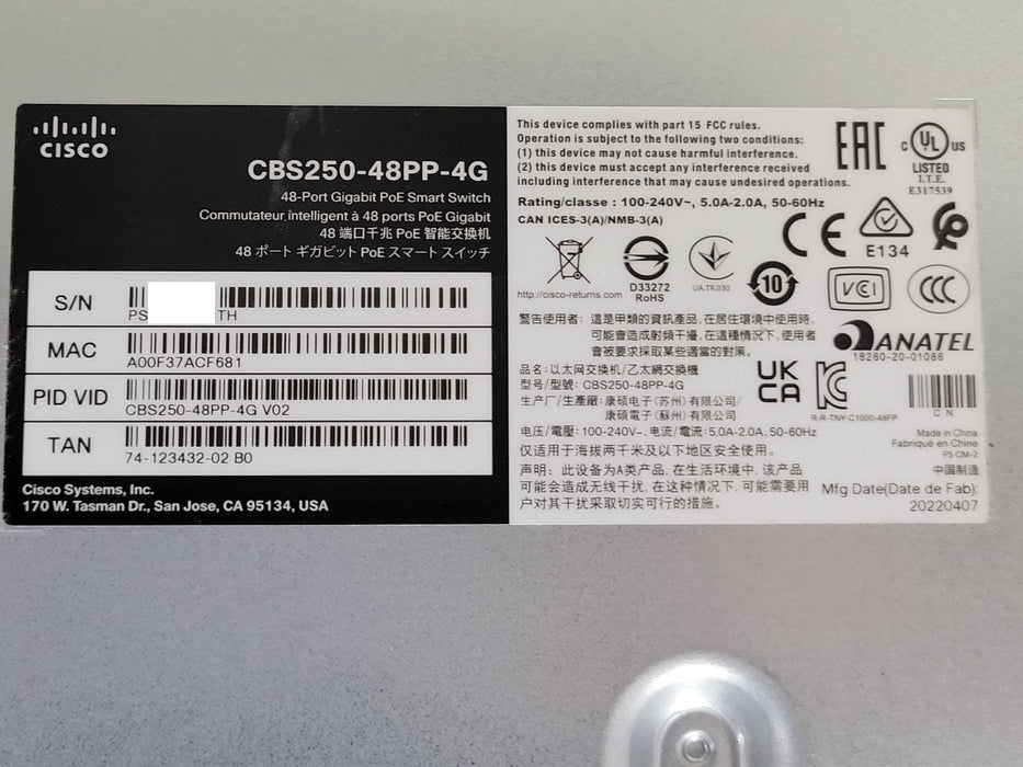 Cisco CBS250-48PP-4G 48-Port Gigabit PoE Smart Switch CBS250-48PP-4G _