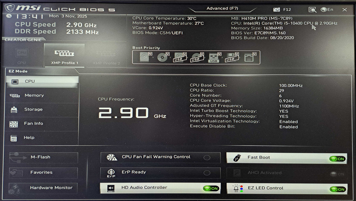 Custom PC | MSI H410M PRO, Intel Core i5-10400 CPU, 16GB DDR4, No HDD, 500W )