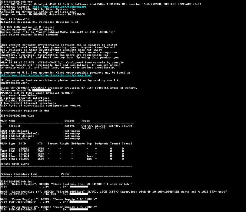 Cisco Catalyst WS-C4948E-F V03, 48 Port Gigabit Switch w/2x AC