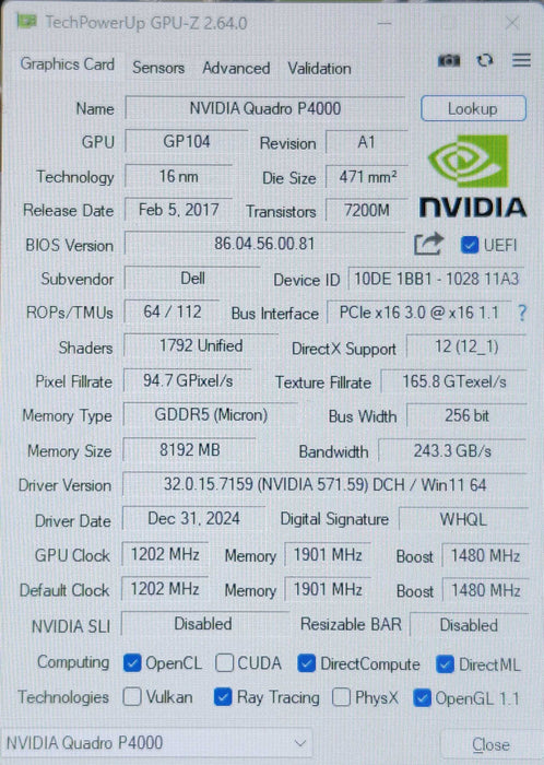 NVIDIA Quadro P4000 8GB GDDR5 Graphics Card 4x DisplayPort