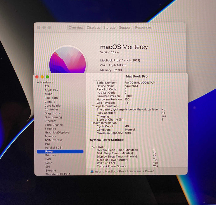 Apple MacBook Pro  14' 2021 M1 Pro 32GB RAM 1TB SSD No Power Adapter