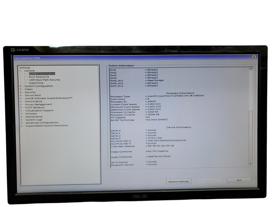 Dell Optiplex 7080 Tower, i7-10700K@3.80GHz, 8GB DDR4, 256GB NVMe, no OS
