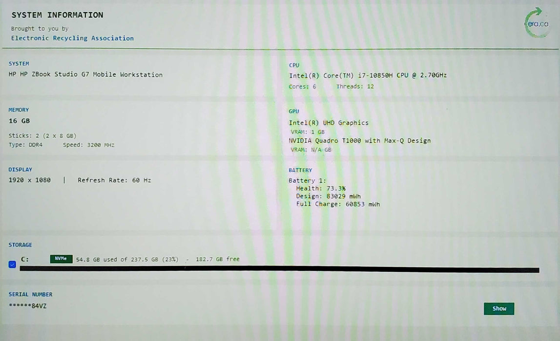 HP ZBOOK STUDIO G7 I7-10850H 16GB RAM 256GB NVME QUADRO T1000 READ  Lap200