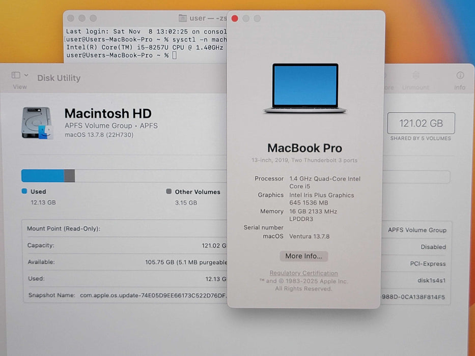 Apple Macbook Pro 2019 13" 4-Core i5-8257U @ 1.4GHz 16GB DDR3 120GB SSD