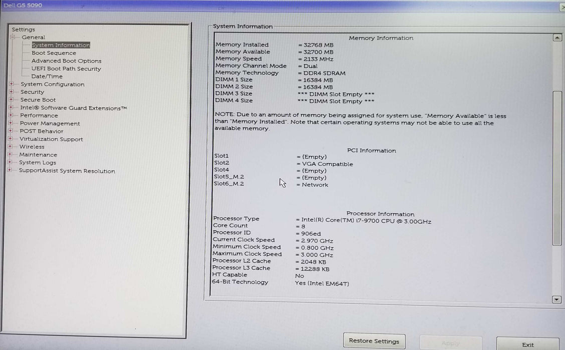 Dell G5 5090 Tower Intel i7-9700 CPU 3.00GHz 32GB RAM - No HDD - WX5100 GPU