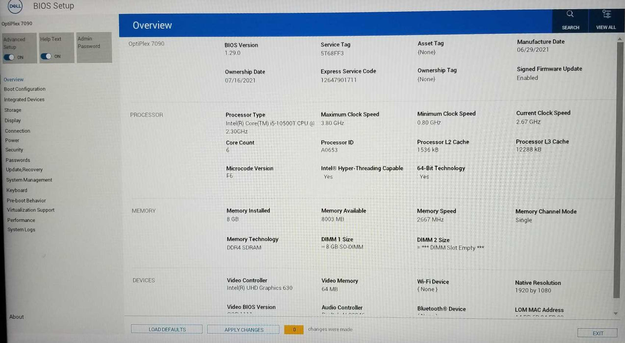 Dell OptiPlex 7090 USFF Intel i5-10500T CPU 2.30GHz 8GB RAM - No HDD Q