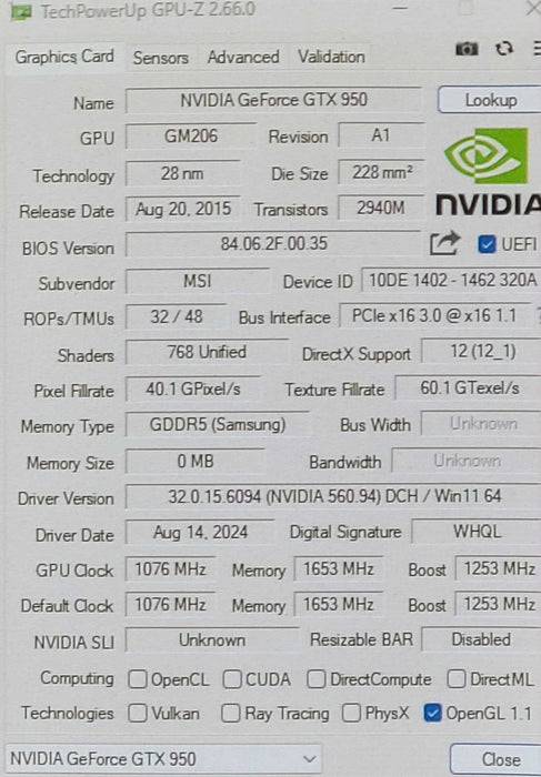 MSI GTX 950 2GD5T OC 2GB Video Graphics Card