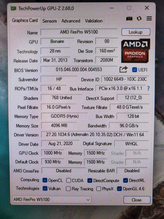 AMD FIREPRO W5100 GRAPHICS CARD | 4GB GDDR5