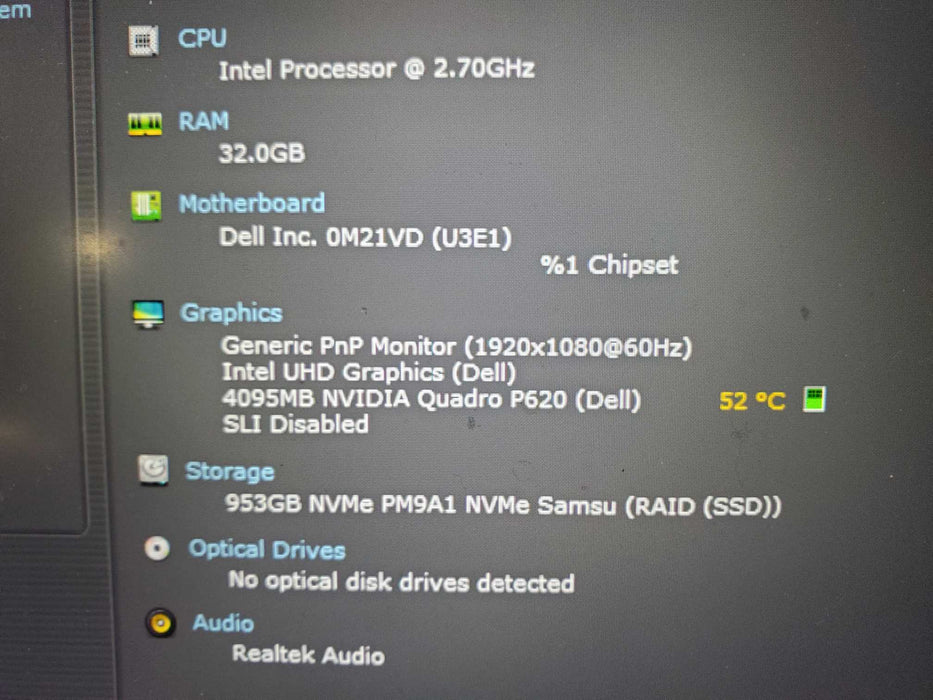 Dell PRECISION 3551 Laptop i7-10850H 2.7GHz 32GB RAM 1TB NVME P620 GPU  Lap200