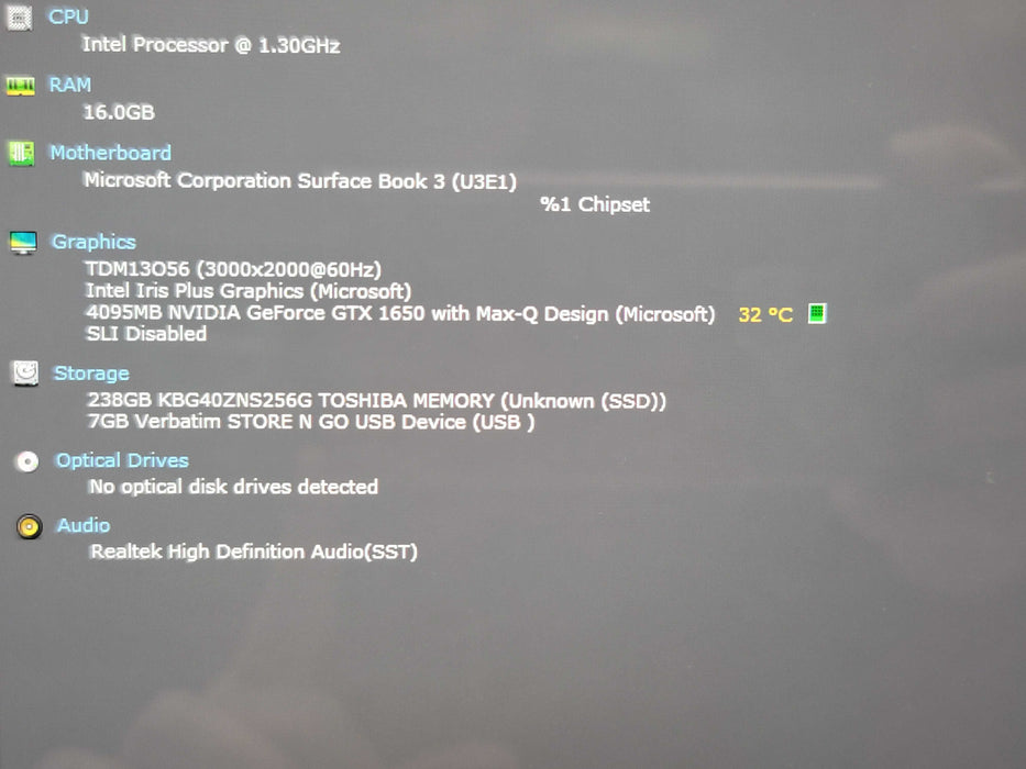 Microsoft Surface Book 3 i7 1065G7 16GB RAM GTX 1650 256GB SSD parts/repair β Lap200