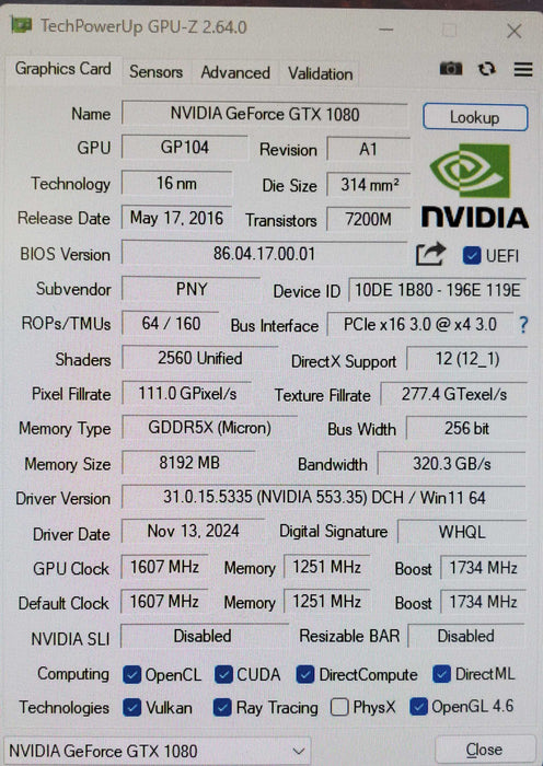 NVIDIA PNY GeForce GTX 1080 8GB Graphics Card