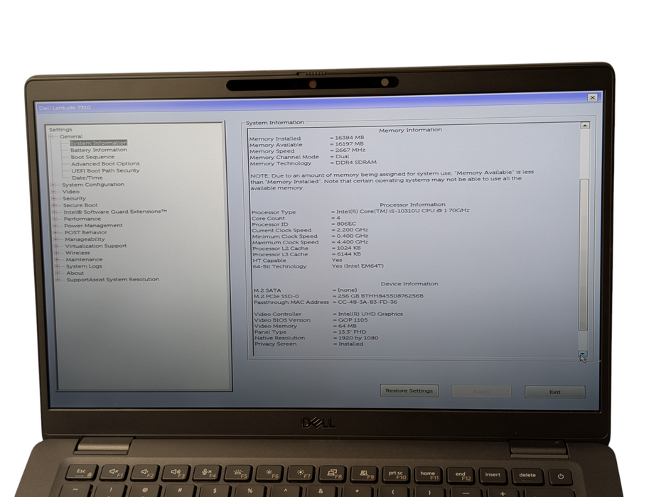 DELL Latitude 7310 Intel Core i5-10310U 16GB RAM 256GB NVMe  - Lap200