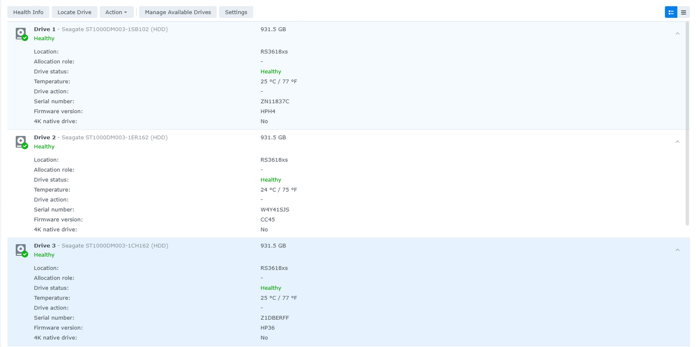 Synology 12 bay NAS RackStation RS3618xs 2U, 12x 1TB HDDs