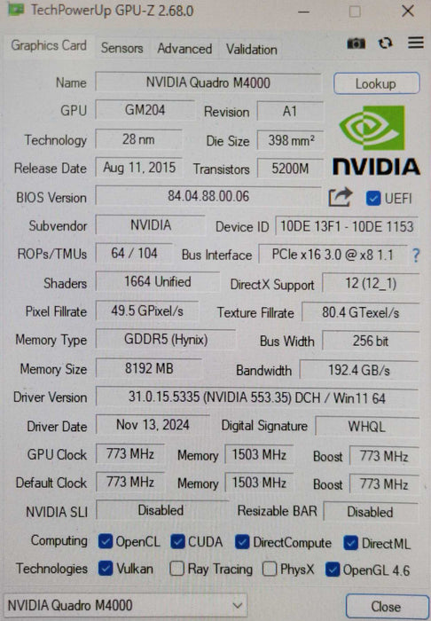 Dell NVIDIA Quadro M4000 8GB GDDR5 PCIe Graphics Card Dell P/N: 0YR7H5 Q_