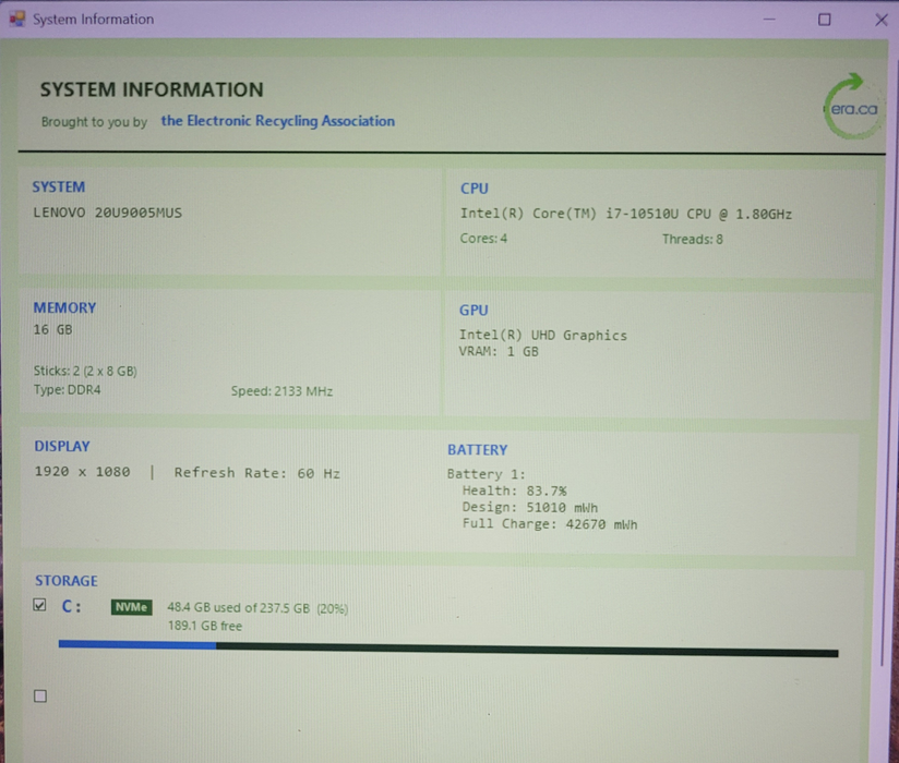 Lenovo ThinkPad X1 Carbon Gen8 i7-1051U @1.80GHz 16GB DDR4 256GB NVMe  Lap200