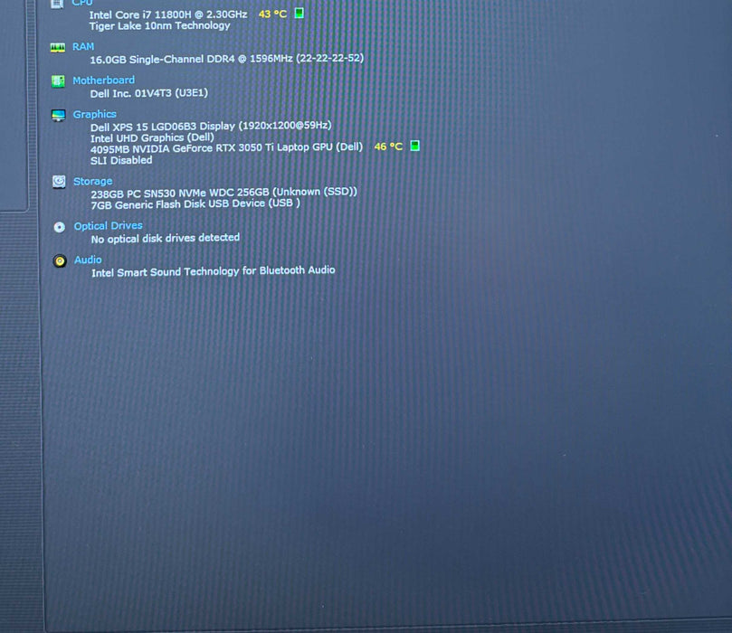 Dell XPS 15 9510 i7-11800H@2.3 GHz RTX3050Ti 4GB GPU 16GB RAM 256SSD READ  Lap200
