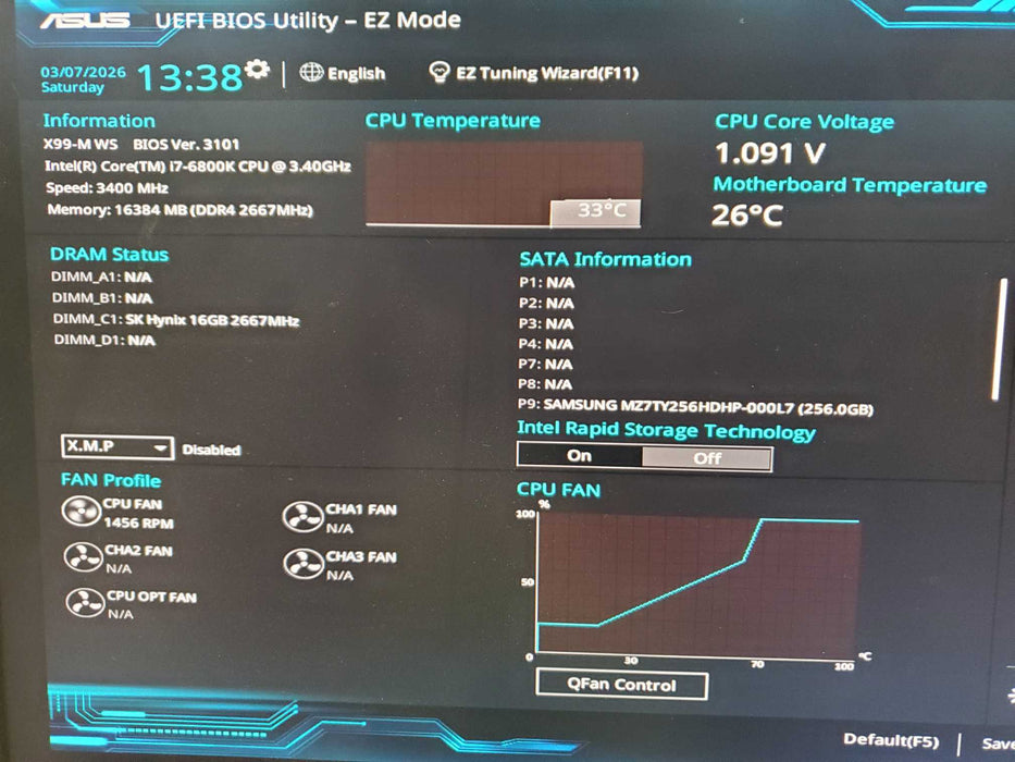 CUSTOM PC ASUS X99-M WS i7-6800K EVGA 750GQ 16GB RAM 256GB SSD NO OS
