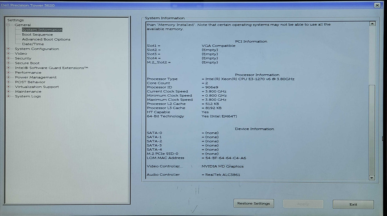 Dell Precision T3620, Xeon E3-1270 v6 3.80GHz, 16GB DDR4, K4000, No HDD