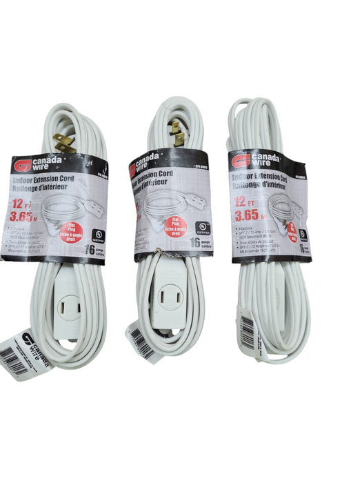 Lot 3x 12ft 3 Outlet Canada Wire Indoor Extension Cord