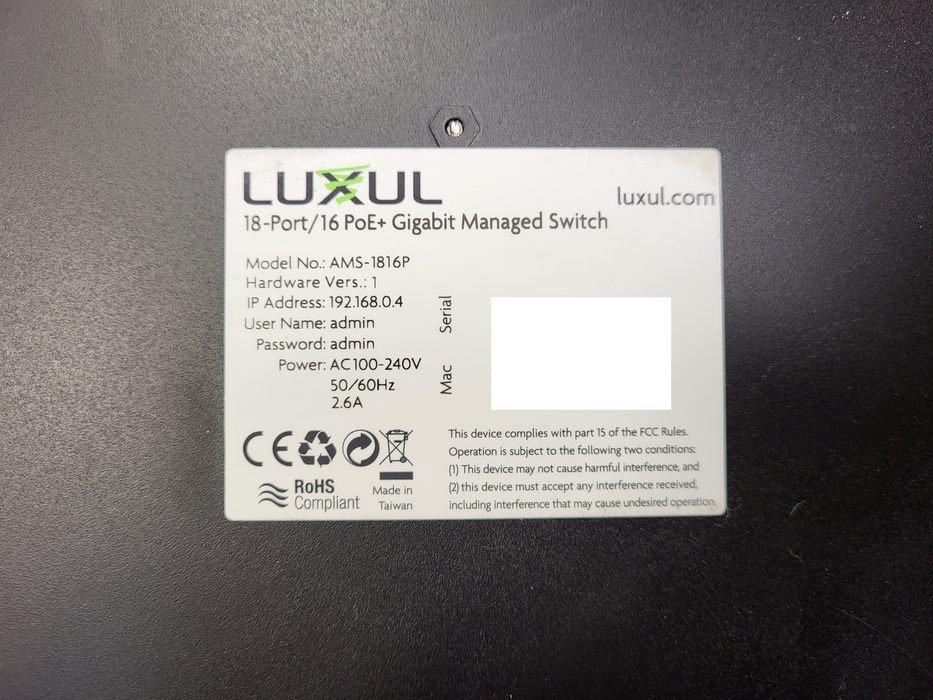 Luxul AMS-1816P AV Series 18-Port 16 Gigabit PoE+ Ports L2/L3 Managed Switch $