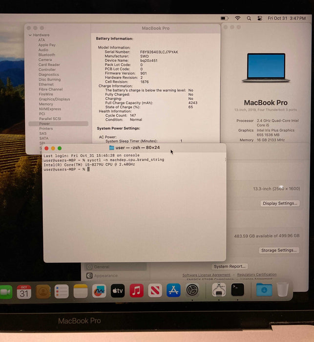 Apple MacBook Pro 13" 2019 i5-8279U 16GB RAM 512GB SSD No Power Adapter