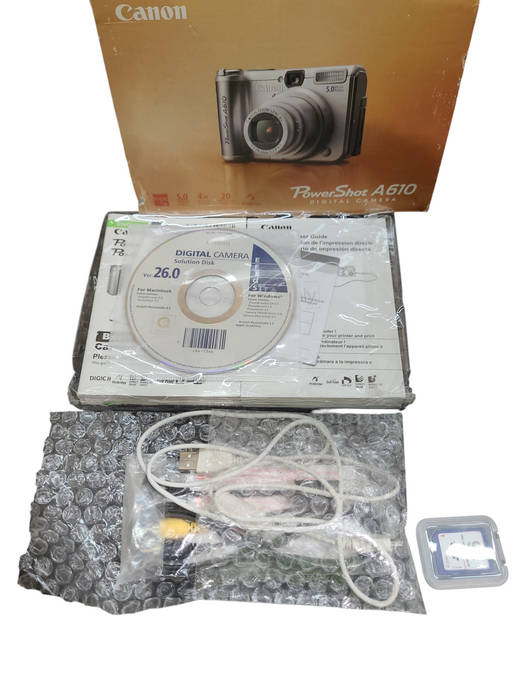 Canon PowerShot A610 Digital Camera In Box With Accessories, SD Cards & Pap
