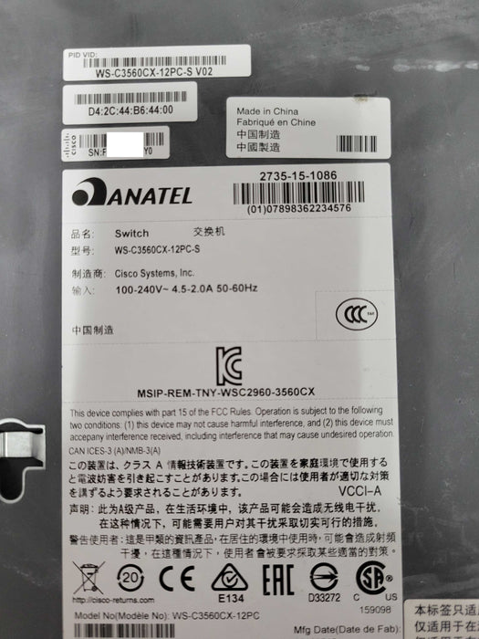 Cisco WS-C3560CX-12PC-S 12-Port GE PoE+ SFP Compact managed Switch _