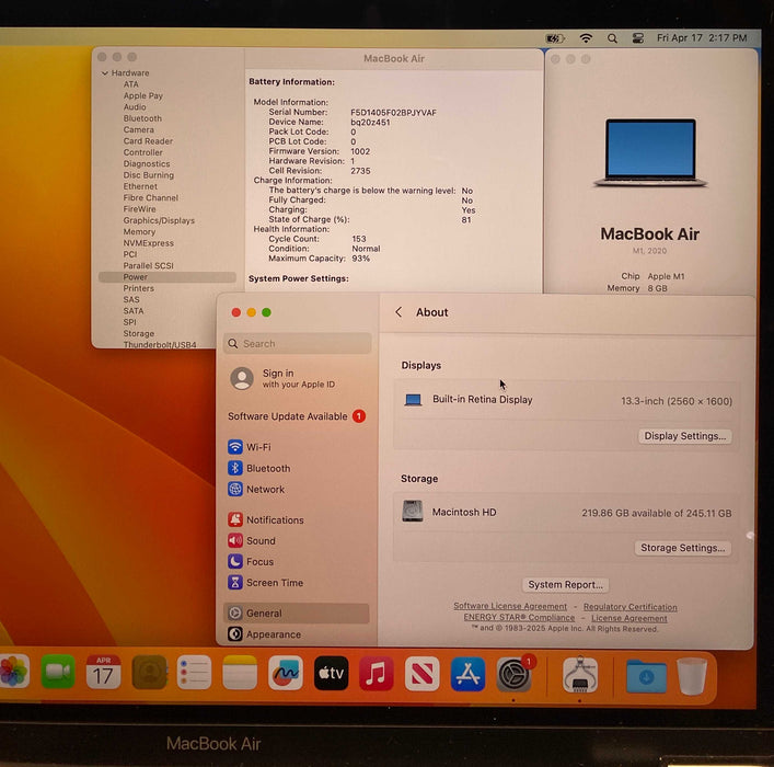 Apple MacBook Air 13" M1 2020 8GB RAM 256GB SSD No Power Adapter