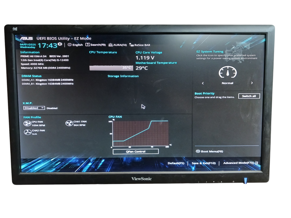 Custom PC Asus Prime H610M-A D4 Intel i5-12400 CPU 32GB DDR4 No HDD READ