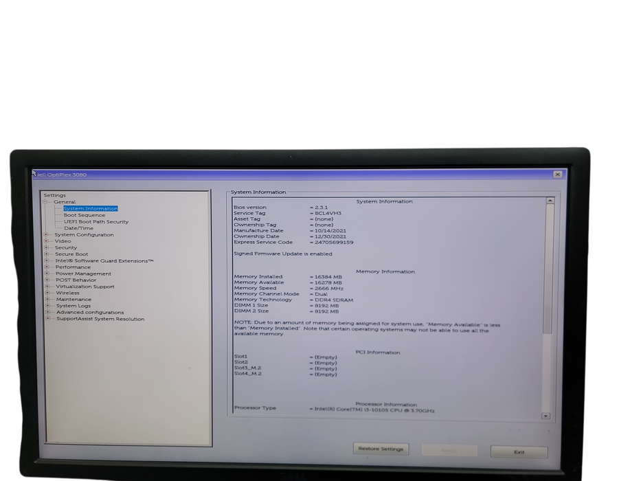 Dell OptiPlex 3080 SFF i3 - 10105 @ 3.70GHz 16GB DDR4 Ram No HDD