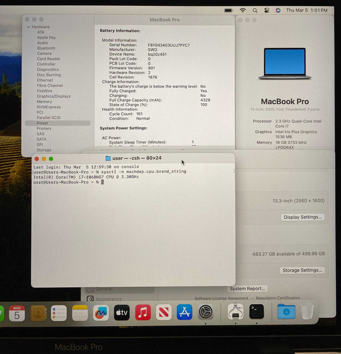 Apple MacBook Pro 13" 2020 i7-1068NG7 16GB 512SSD No Power Adapter