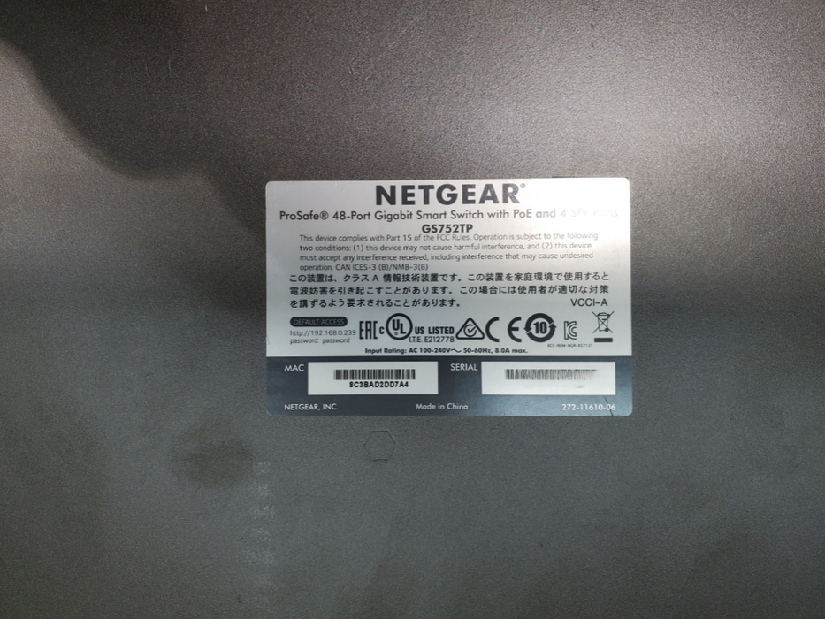 NetGear ProSafe GS752TP 48-Port Gigabit Smart Switch PoE+ w/4x SFP ports