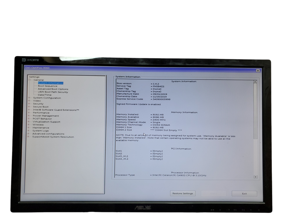 Dell OptiPlex 3060 SFF, Celeron G4900@3.10GHz, 8GB DDR4, No HDD, No OS