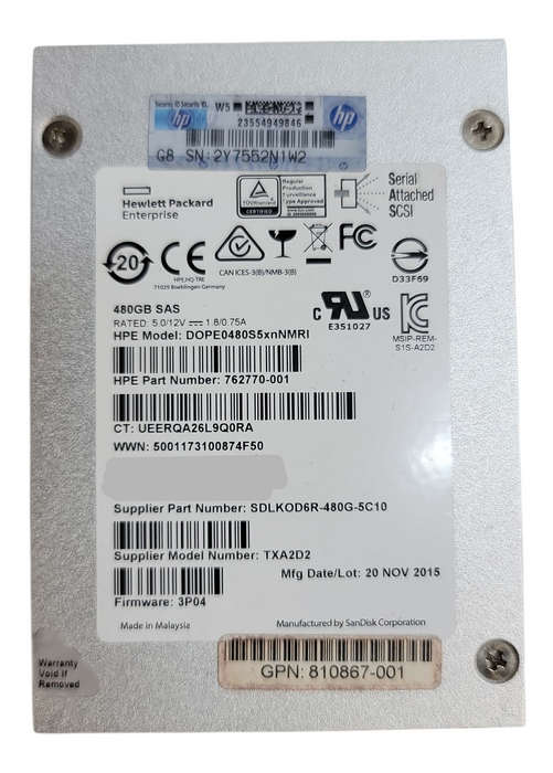Lot 4x 480GB SAS 2.5" 9.5mm 6Gb/s HPE SSD - DOPE0480S5xnNMRI +