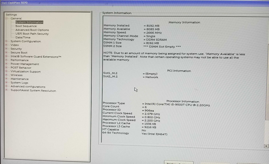 Dell Optiplex 3070 Micro, Core i5-9500T CPU 2.20GHz, 8GB RAM - No HDD- WiFi Q